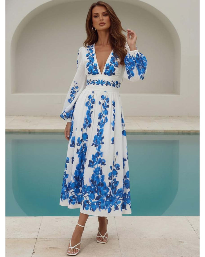 Printed Long-sleeved One Piece Swimsuit and Skirt