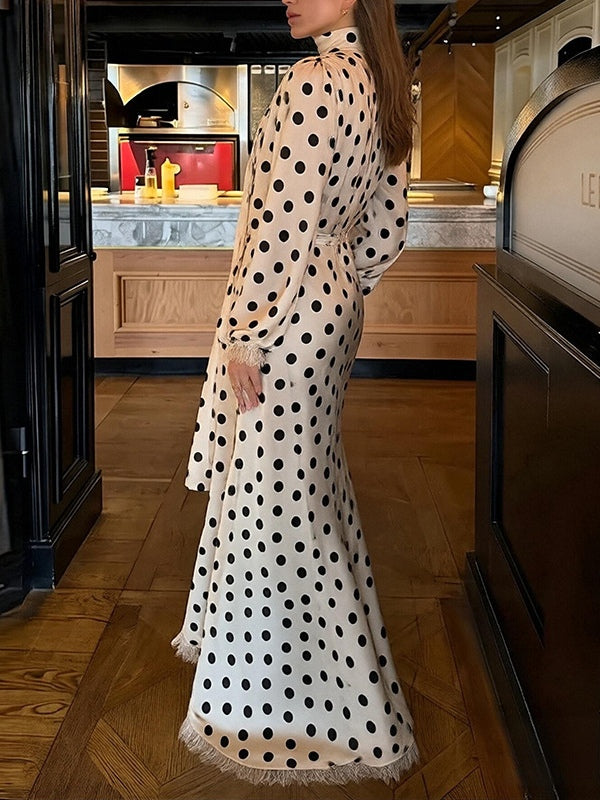 Elegant Polka-Dot V-Neck Puff-Sleeve Waist-Defining Dress