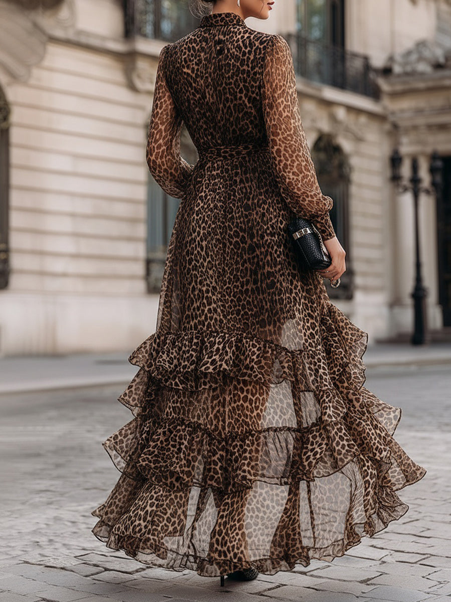 Leopard Print Wrap Maxi Dress With Ruffled Hem