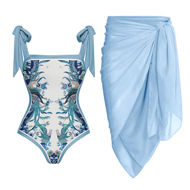 Blue Reversible Bowknot Tie-shoulder One Piece Swimsuit and sarong/Skirt