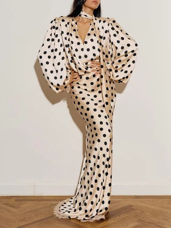 Elegant Polka-Dot V-Neck Puff-Sleeve Waist-Defining Dress