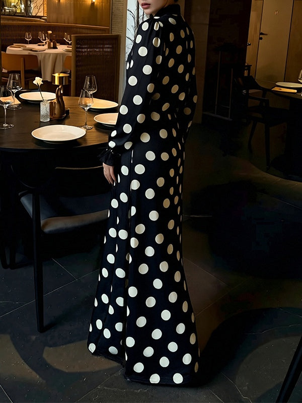 Elegant Polka-Dot V-Neck Puff-Sleeve Waist-Defining Dress