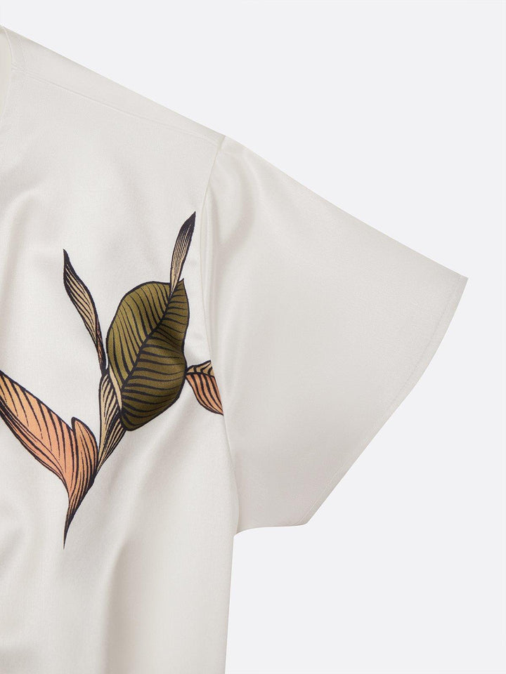 Judy | White Leaf Short Sleeve Satin Midi Dress