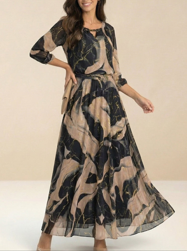 Elegant 3/4-sleeve printed waist-cinching dress