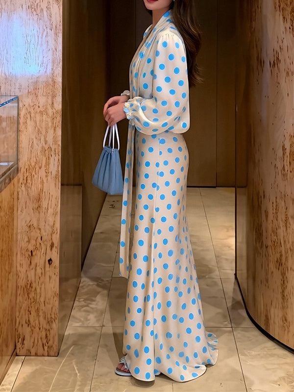 Elegant Polka-Dot V-Neck Puff-Sleeve Waist-Defining Dress