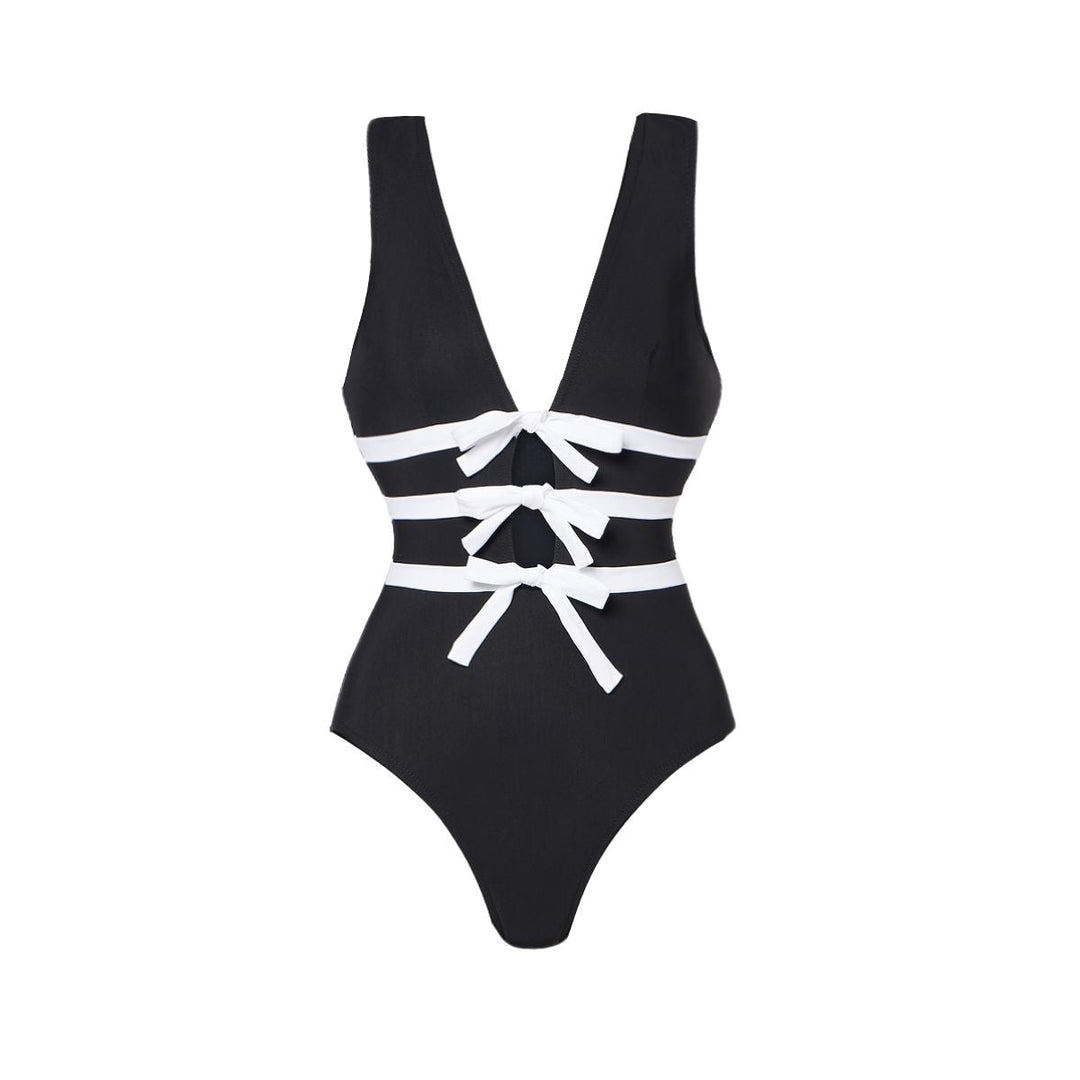 Bowknot Decor Black One Piece Swimsuit and Skirt