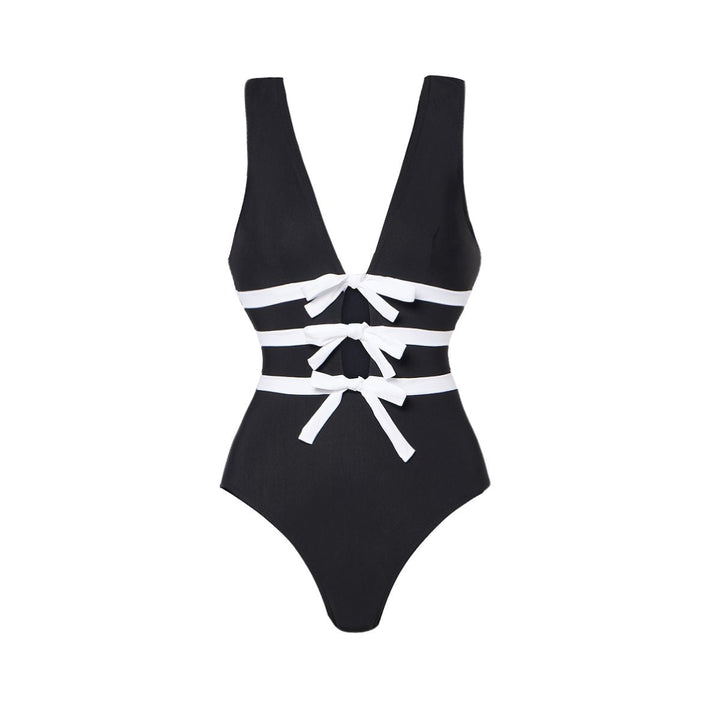 Bowknot Decor Black One Piece Swimsuit and Skirt