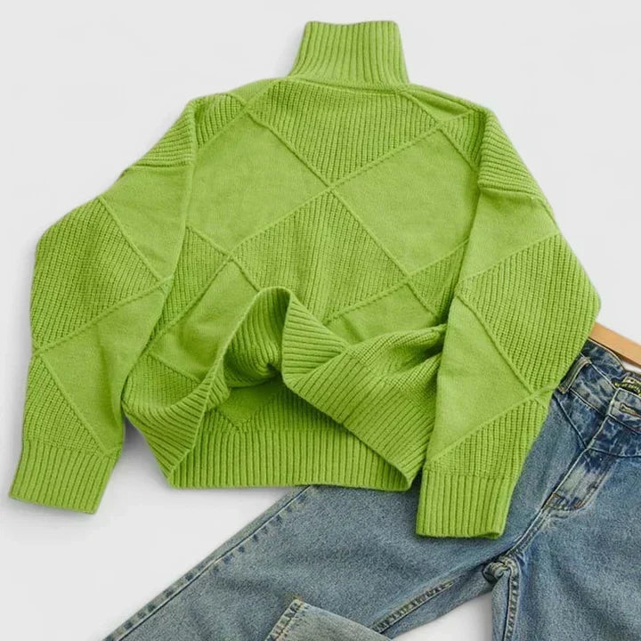 Comfortable Diamond Quilted Sweatshirt for Women with Turtleneck Long Sleeve Relaxed Oversized Knit Style
