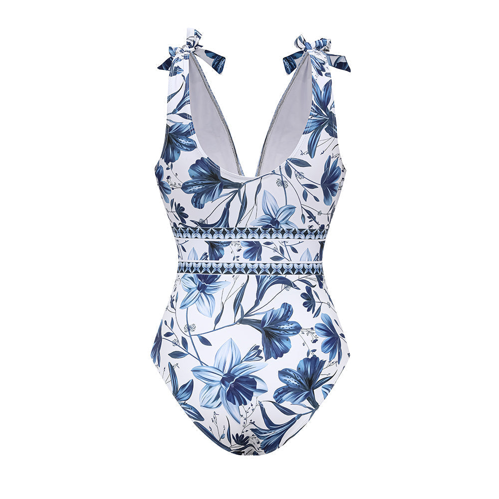 Blue V Neck Lace Up Printed One Piece Swimsuit and Skirt
