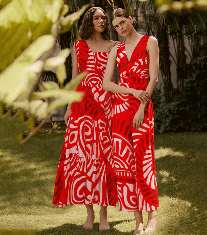 V Neck Red Ring Decorate Printed Swimsuit Set(s)