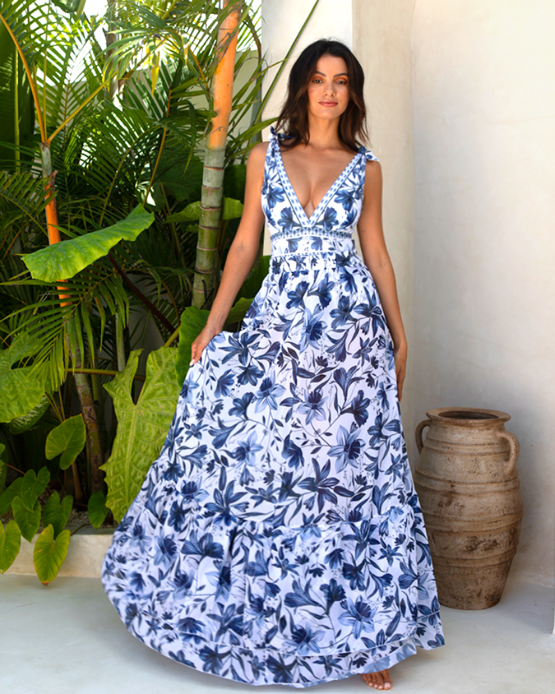 Blue V Neck Lace Up Printed One Piece Swimsuit and Skirt