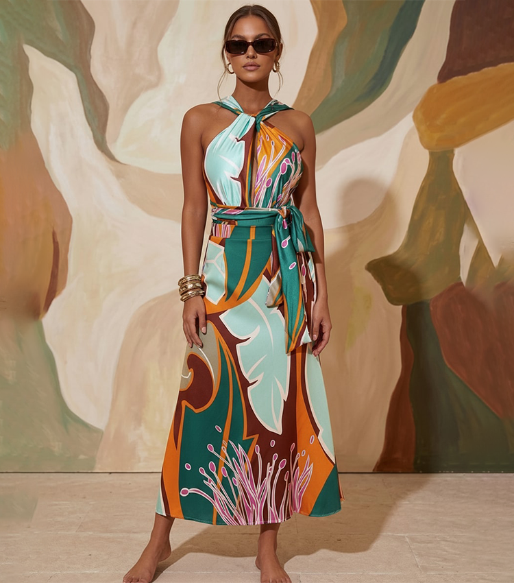 Halter Printed One Piece Swimsuit and Skirt