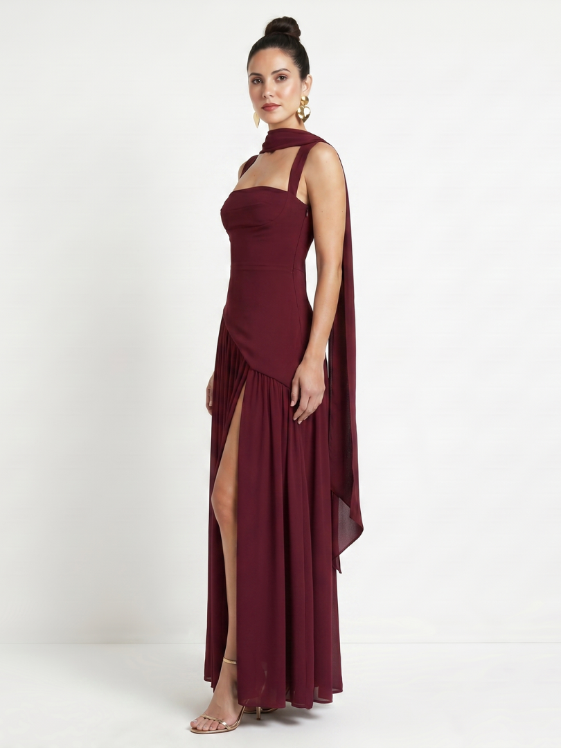 Bindi | Cutout Neck Pleated Slit Maxi Dress