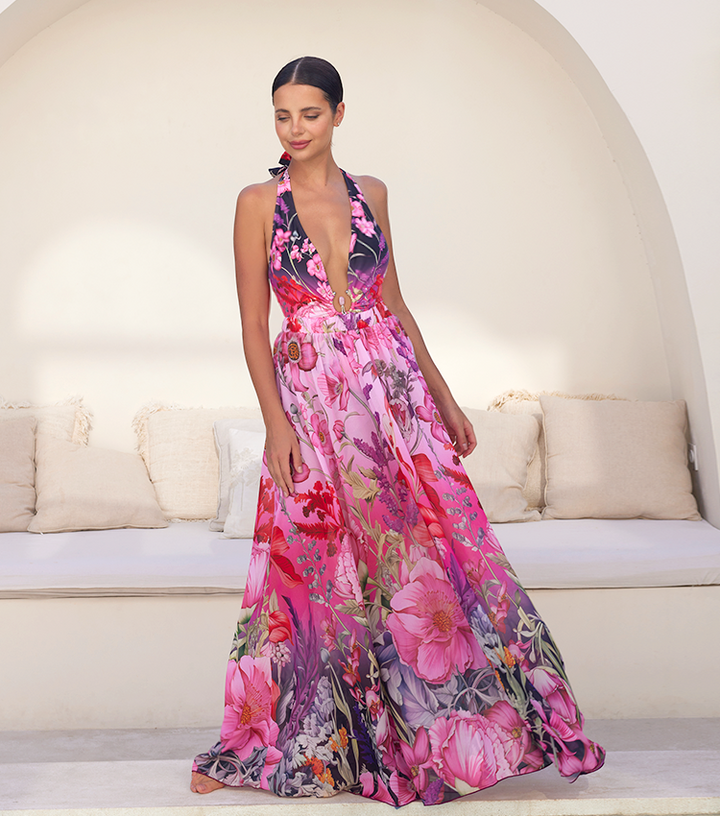 Deep V Neck Halter Printed One Piece Swimsuit and sarong