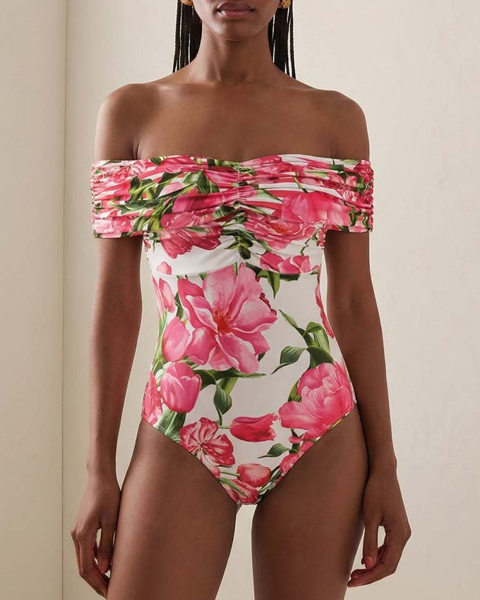 Ruched Off Shoulder Flower Print One Piece Swimsuit and Skirt