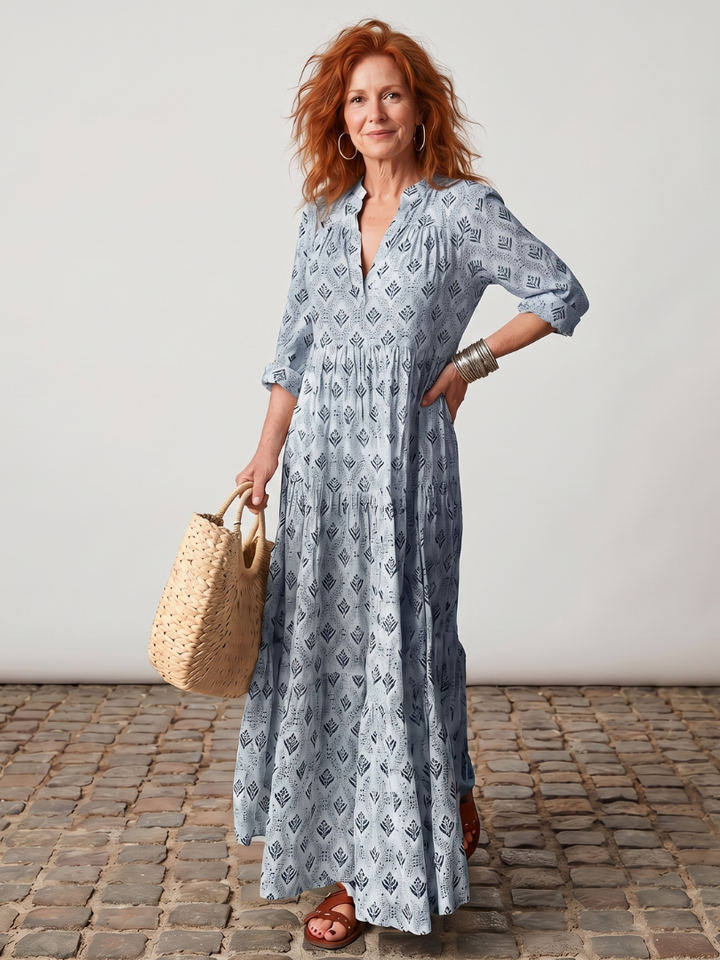 Junia | Notch Neck Printed Long Sleeve Maxi Dress