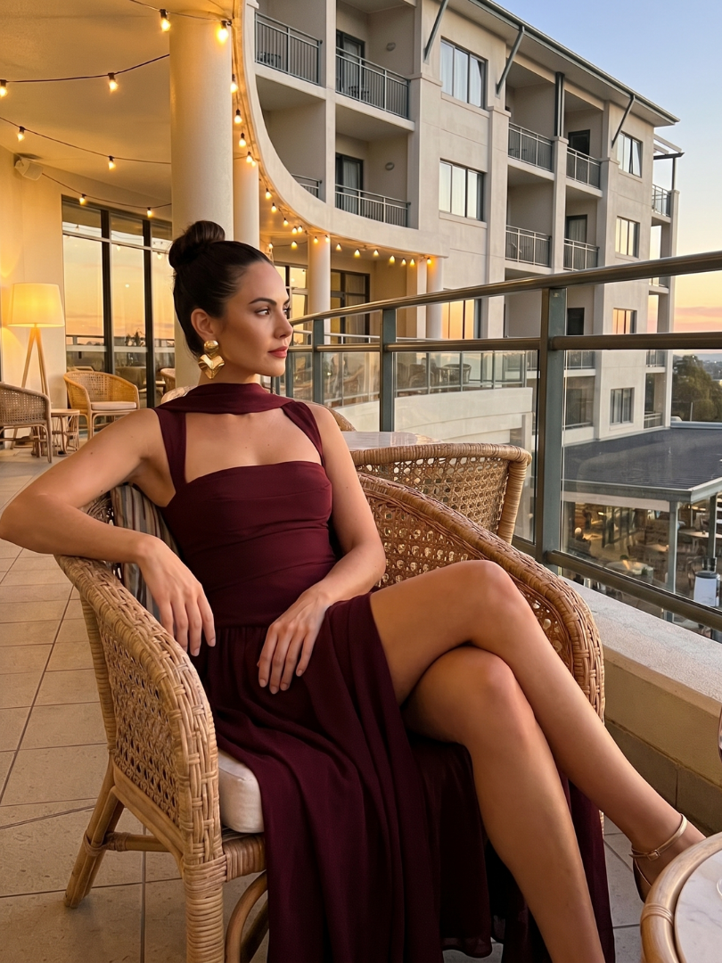 Bindi | Cutout Neck Pleated Slit Maxi Dress