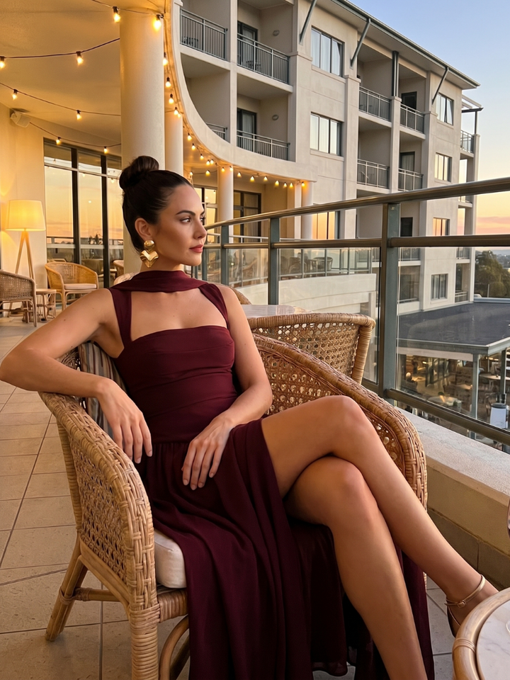 Bindi | Cutout Neck Pleated Slit Maxi Dress