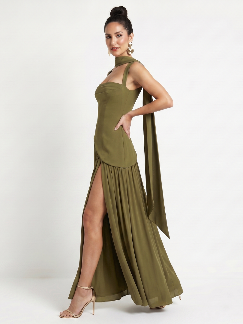 Bindi | Cutout Neck Pleated Slit Maxi Dress