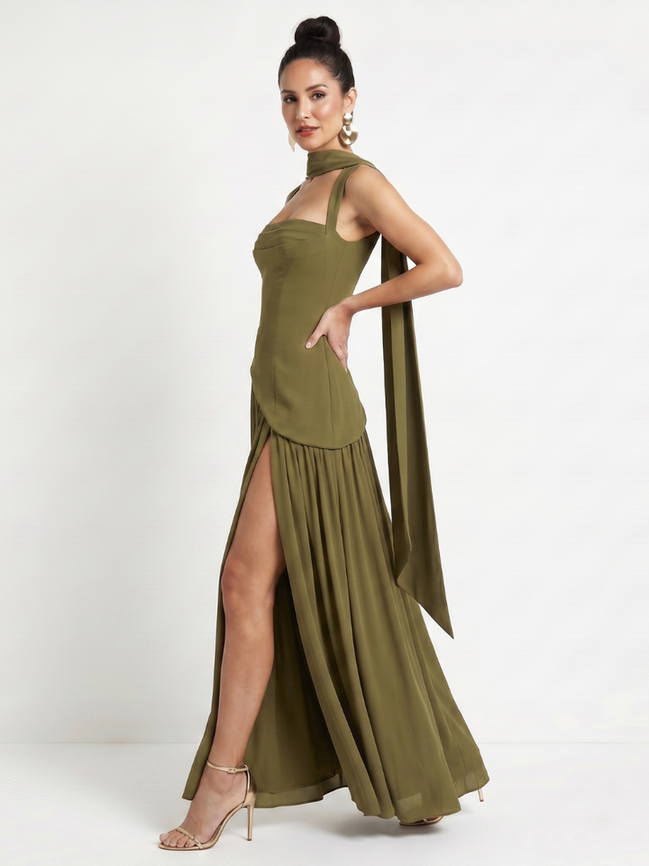 Bindi | Cutout Neck Pleated Slit Maxi Dress