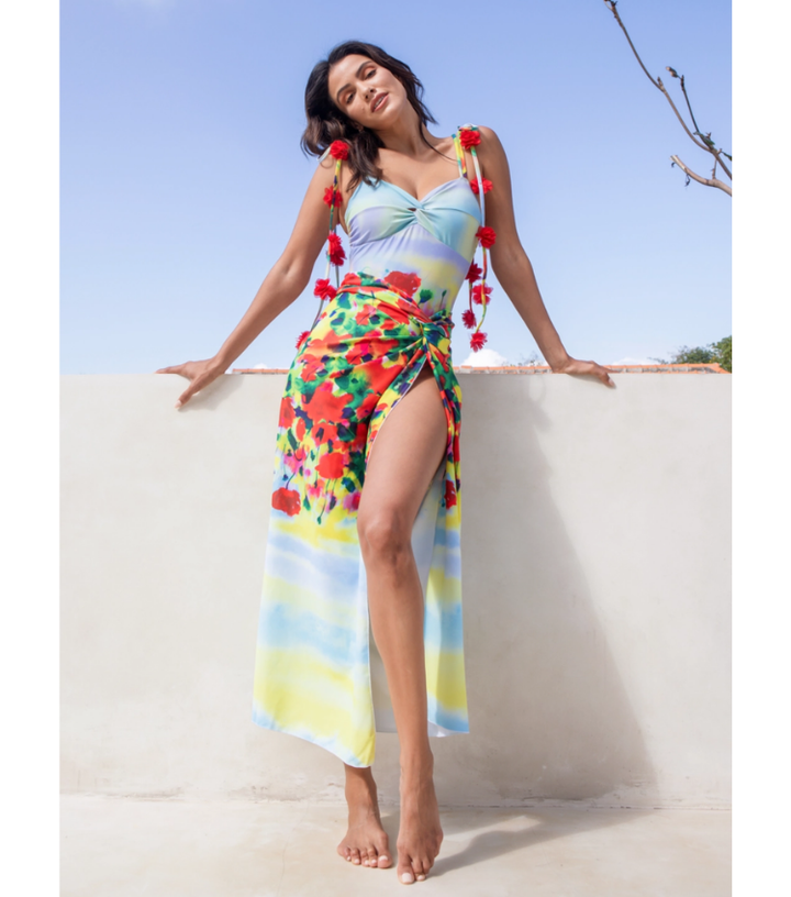 Tie-shoulder Phantom Garden One Piece Swimsuit and sarong