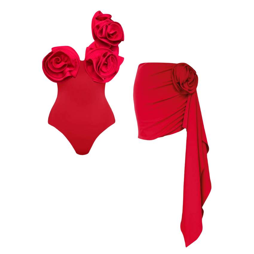 3D Flowers One Shoulder Red One Piece Swimsuit and Draped Mini Skirt