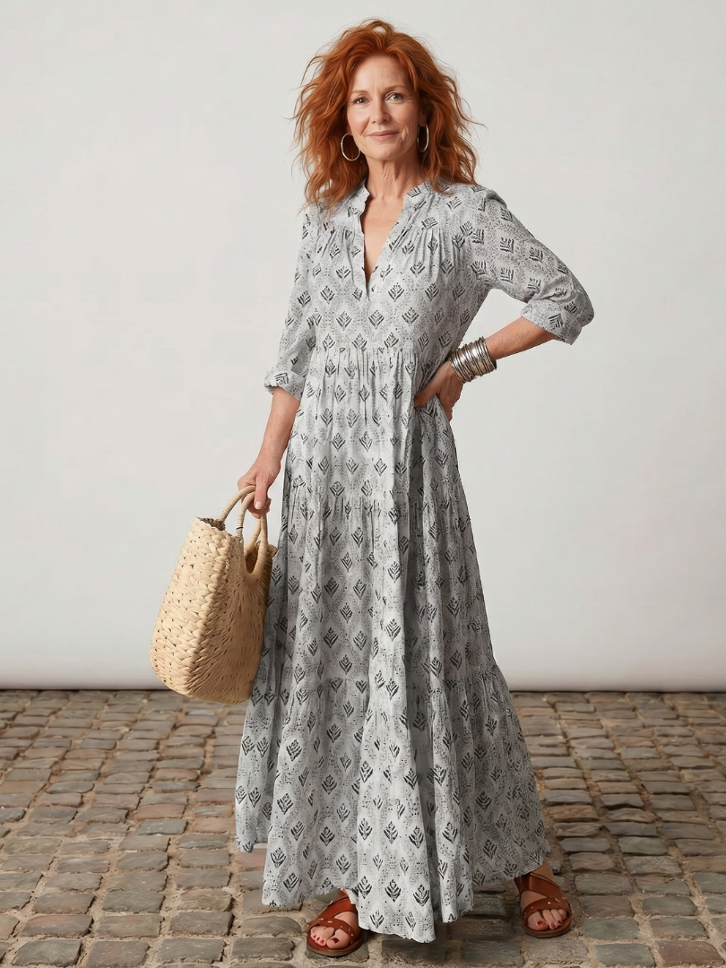 Junia | Notch Neck Printed Long Sleeve Maxi Dress