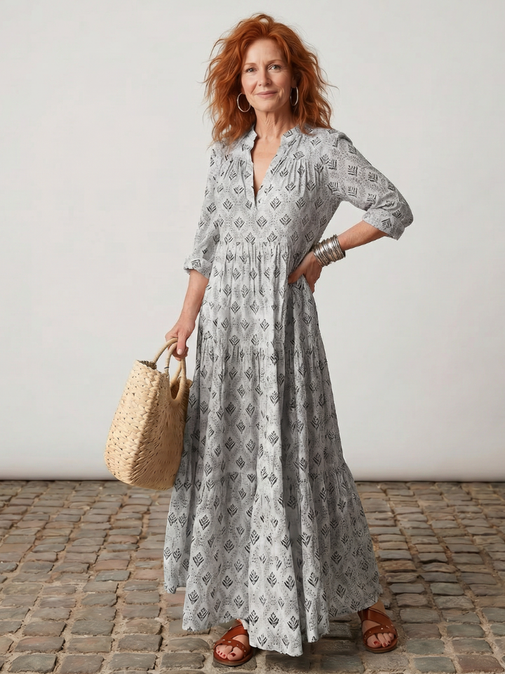 Junia | Notch Neck Printed Long Sleeve Maxi Dress