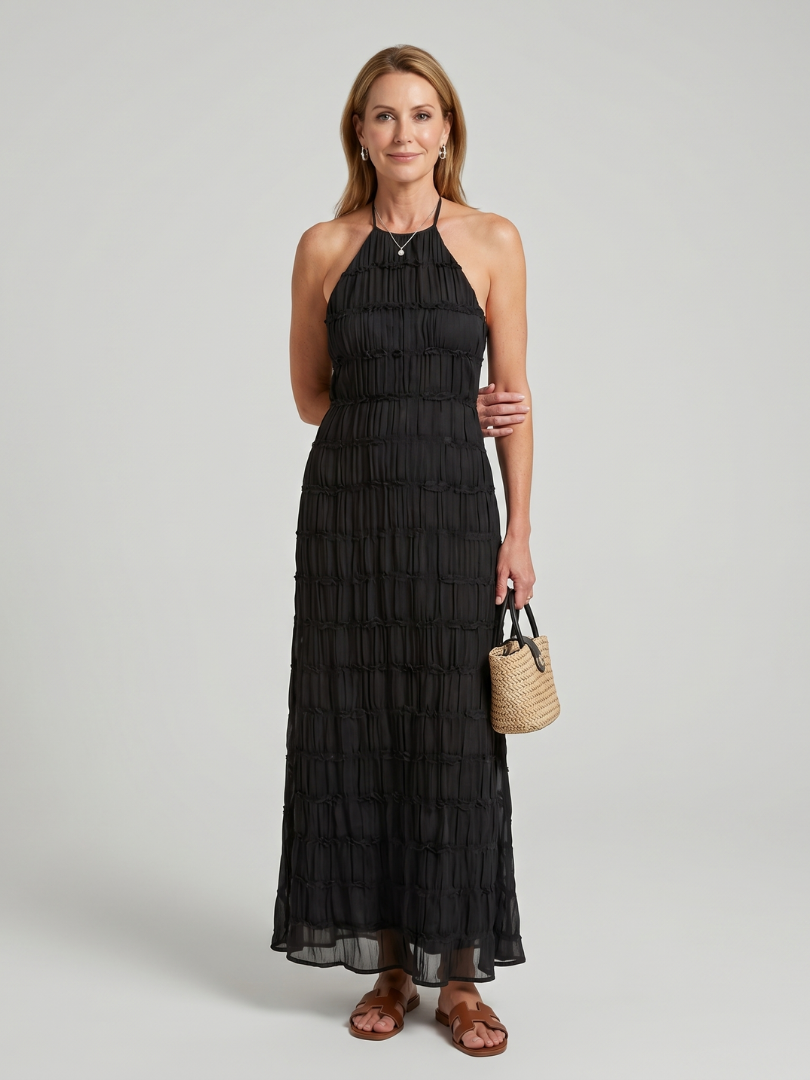 Jolene | Textured Fringe Fitted Silhouette Maxi Dress