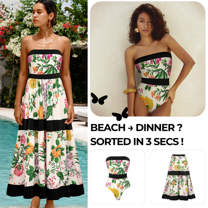 Off Shoulder Back Bow Tie Color Block Printed One Piece Swimsuit and Skirt