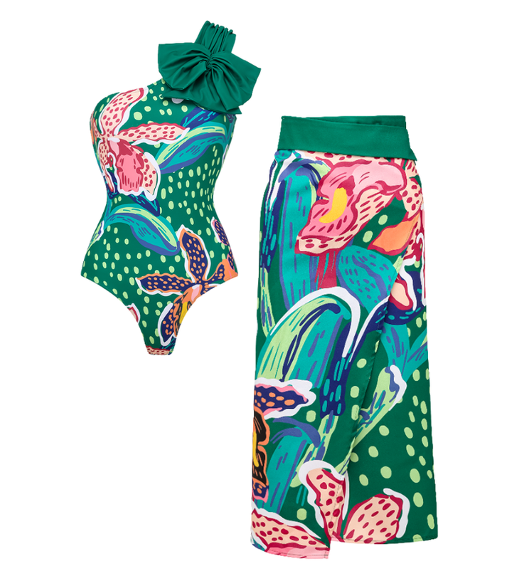 Tropic Printed One Shoulder One Piece Swimsuit and sarong