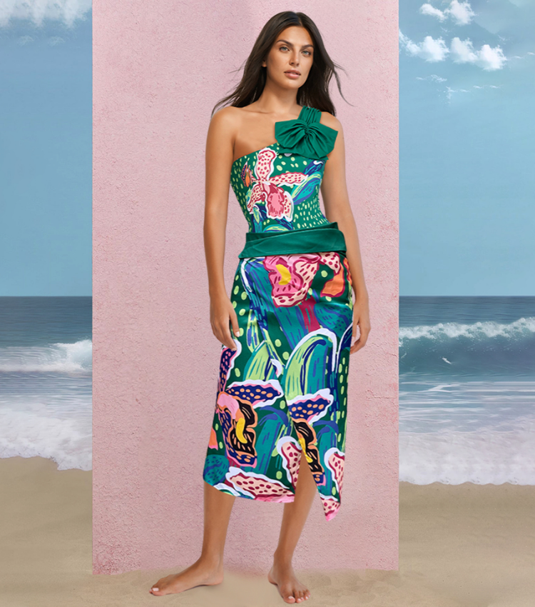 Tropic Printed One Shoulder One Piece Swimsuit and sarong