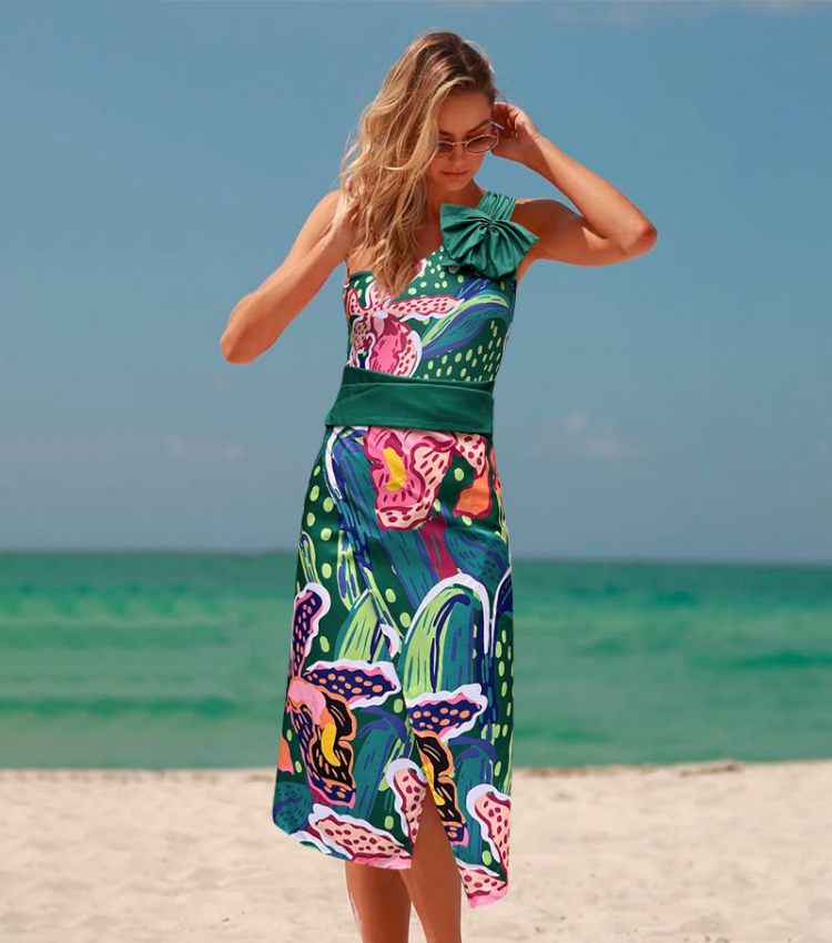 Tropic Printed One Shoulder One Piece Swimsuit and sarong