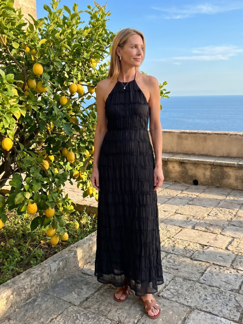 Jolene | Textured Fringe Fitted Silhouette Maxi Dress