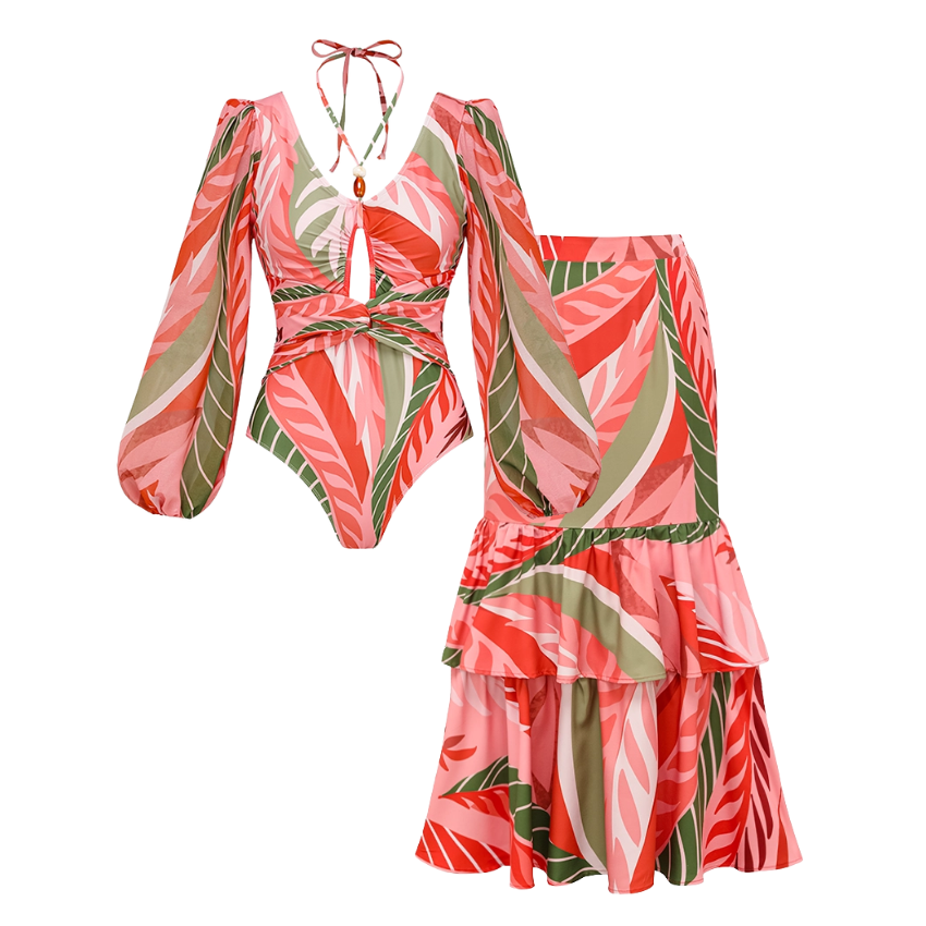Long-sleeved Artificial Stone Decor One Piece Swimsuit and Skirt