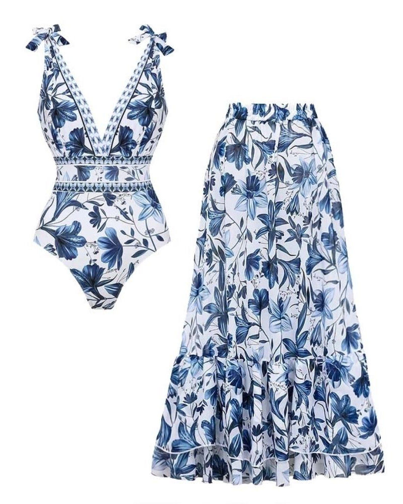 Blue V Neck Lace Up Printed One Piece Swimsuit and Skirt