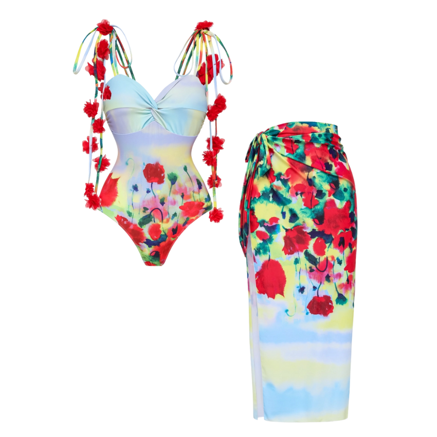 Tie-shoulder Phantom Garden One Piece Swimsuit and sarong