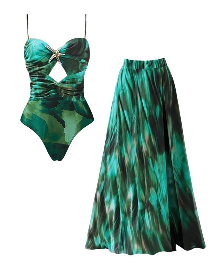Green Printed Pleated Swimsuit & Skirt Set