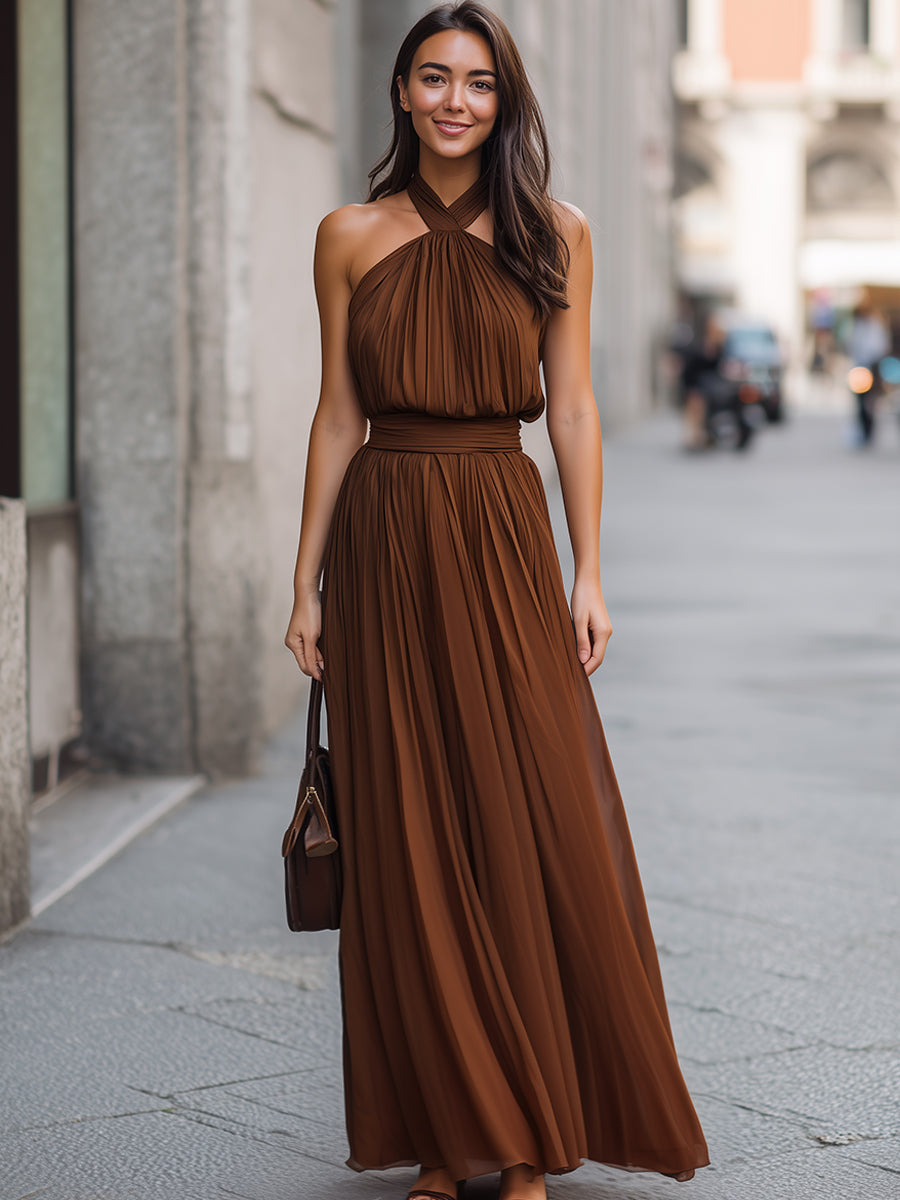 Cross Halter Pleated Waist Flowing Maxi Dress