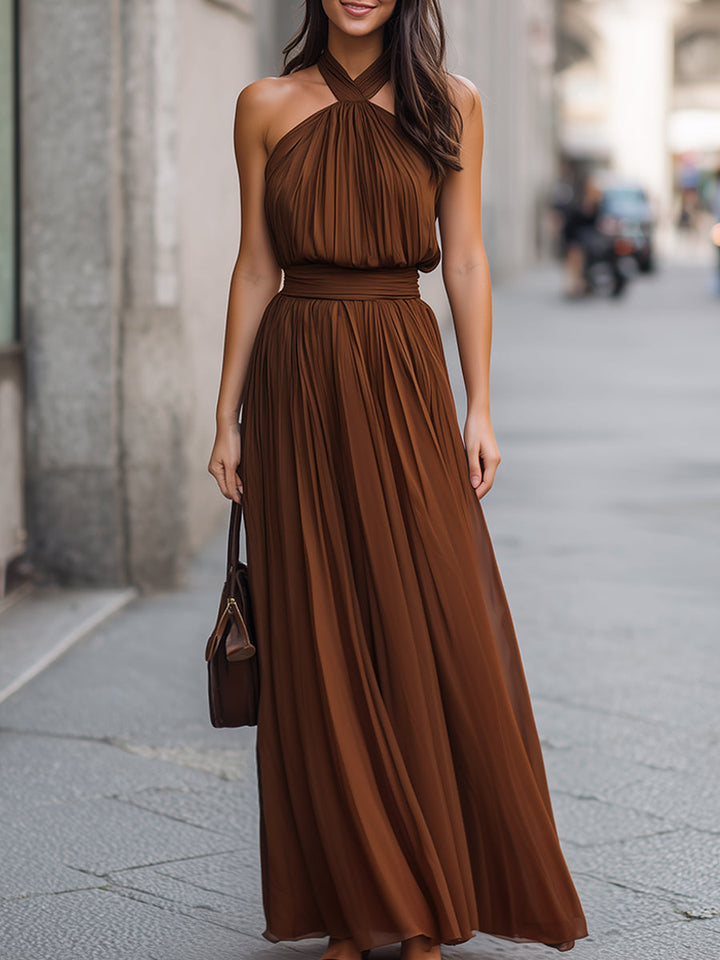 Cross Halter Pleated Waist Flowing Maxi Dress
