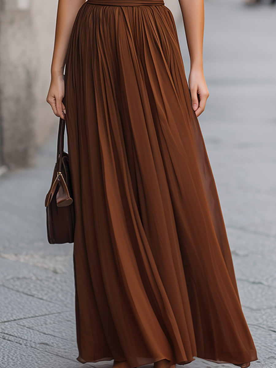 Cross Halter Pleated Waist Flowing Maxi Dress