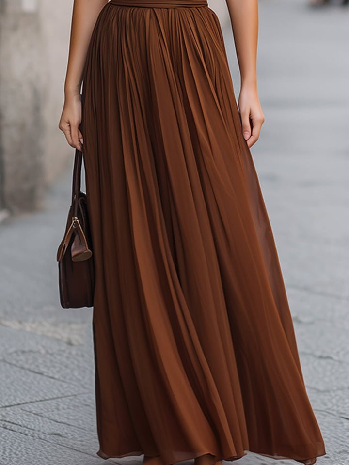 Cross Halter Pleated Waist Flowing Maxi Dress