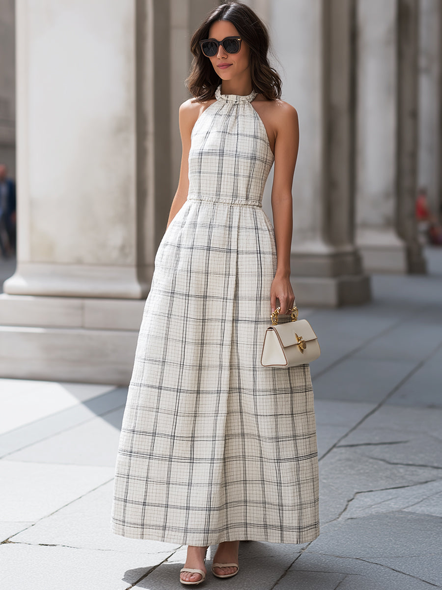 Ruffled Halter Neck Plaid A-Line Maxi Dress