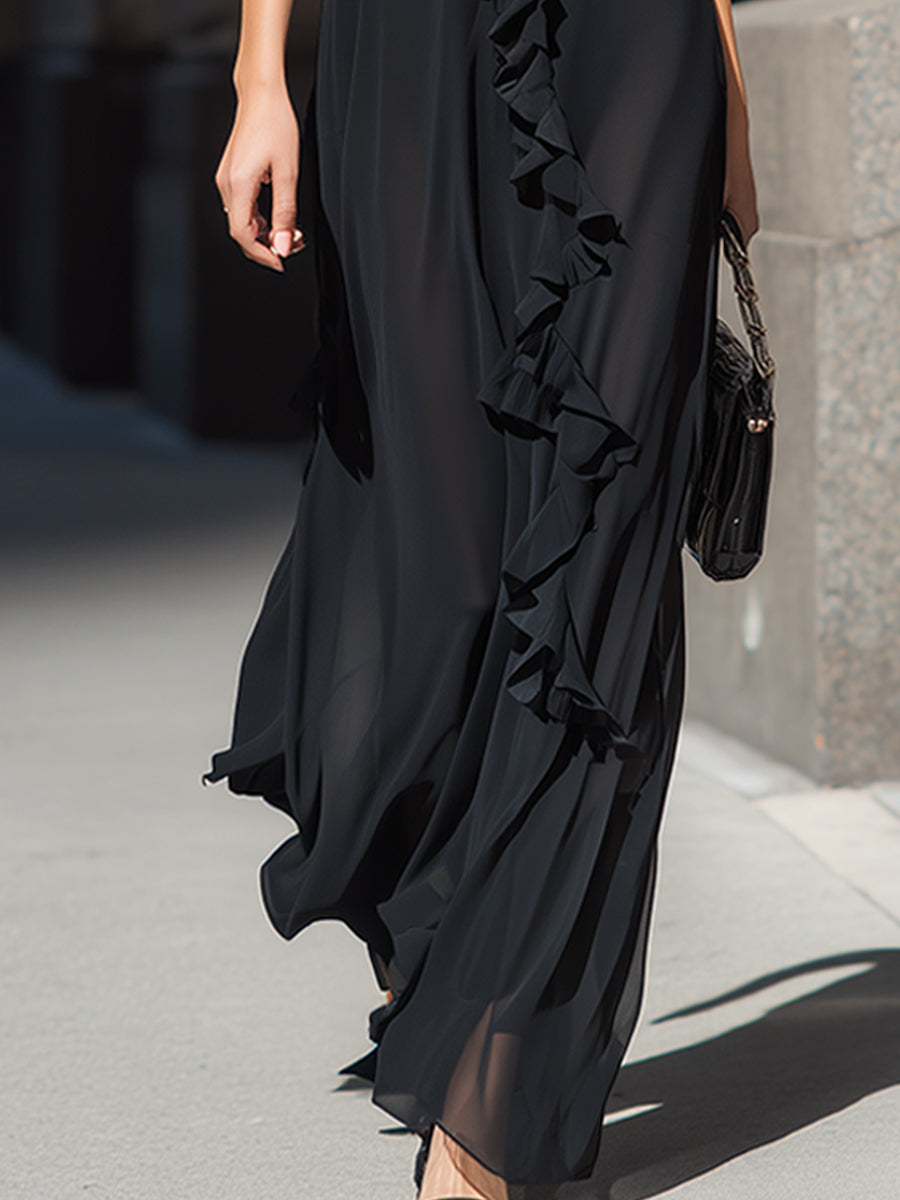 Ruffled V-Neck Spaghetti Strap Flowing Maxi Dress