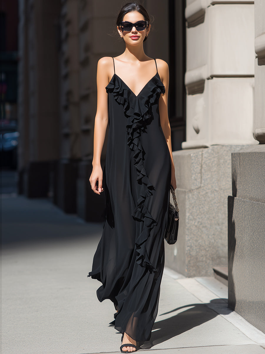 Ruffled V-Neck Spaghetti Strap Flowing Maxi Dress