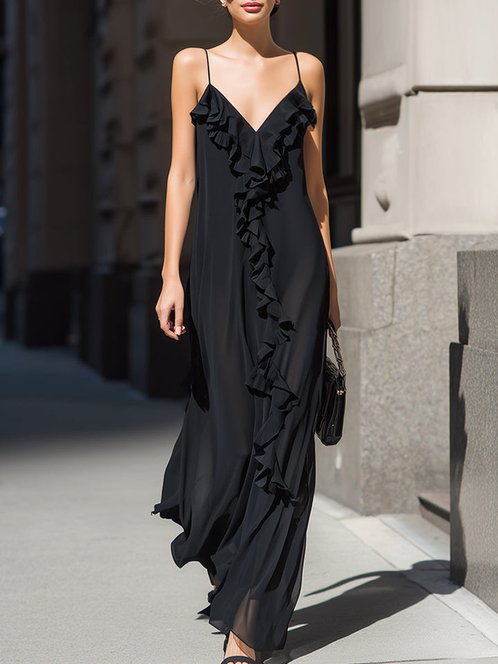 Ruffled V-Neck Spaghetti Strap Flowing Maxi Dress