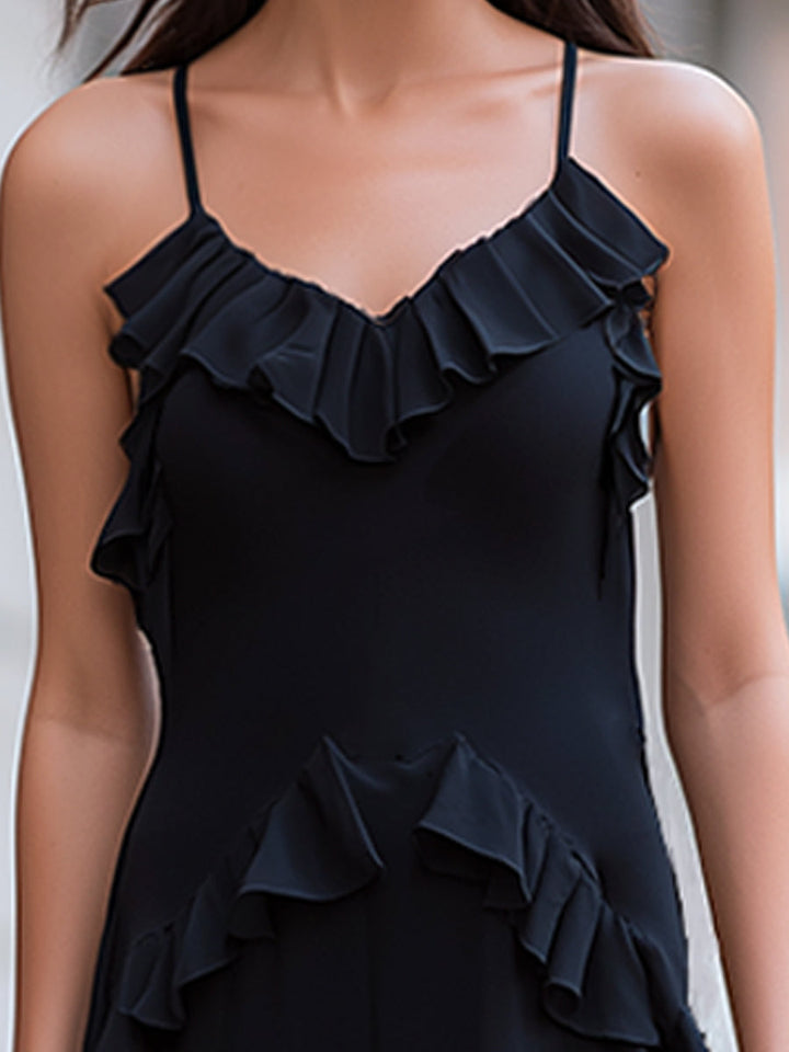 Ruffled Trim Spaghetti Strap Sheer Overlay Maxi Dress