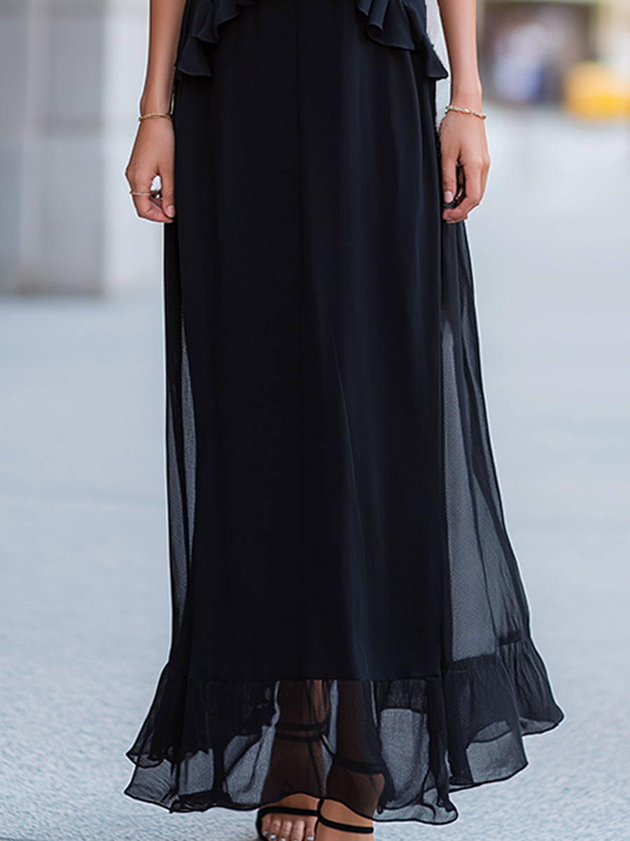 Ruffled Trim Spaghetti Strap Sheer Overlay Maxi Dress