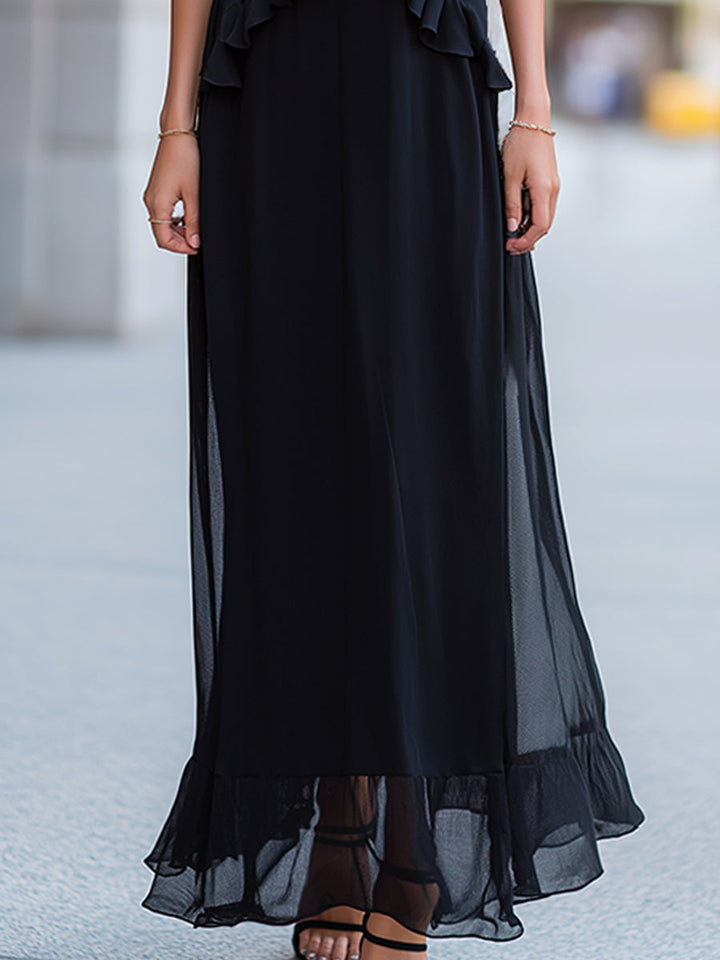 Ruffled Trim Spaghetti Strap Sheer Overlay Maxi Dress