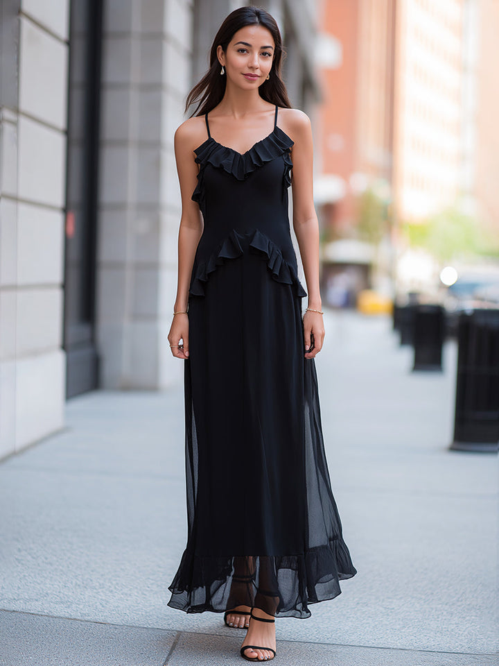 Ruffled Trim Spaghetti Strap Sheer Overlay Maxi Dress